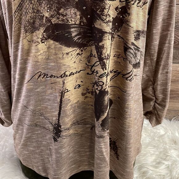 Kim Rogers Ladies 3/4 Sleeve Pullover Top Embellished Butterfly Print Brown Sz L - Picture 5 of 10